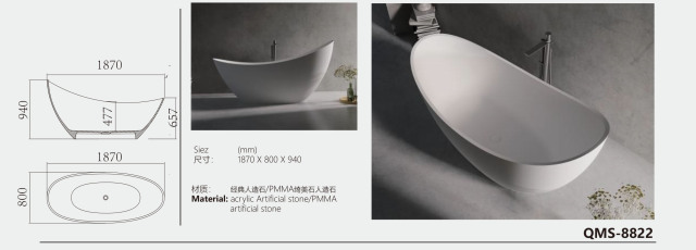 Freestanding Artificial Stone White Crescent-Shaped Bathtub
