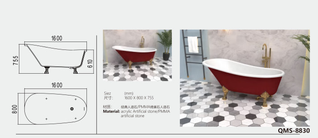 Vintage Burgundy Freestanding Artificial Stone Bathtub