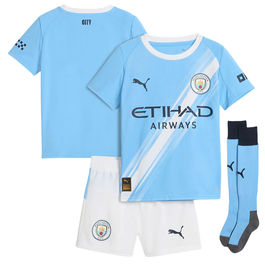 Kids Manchester City Home Soccer Jerseys Kit 2025-26 (Jersey+Shorts+Socks)
