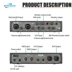 New arrival 4 channel USB Audio Interface with 6.5 mm monitor input