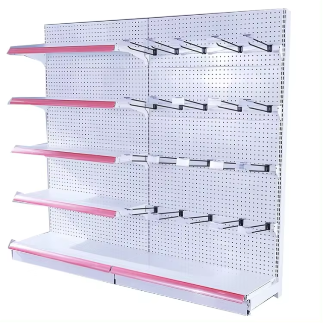 Light Duty Adjustable Freestanding 1-5-Shelf Metal Double-Sided Grid Supermarket Rack Epoxy Powder Coating L-Shape Quick