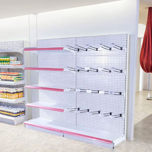 Light Duty Adjustable Freestanding 1-5-Shelf Metal Double-Sided Grid Supermarket Rack Epoxy Powder Coating L-Shape Quick