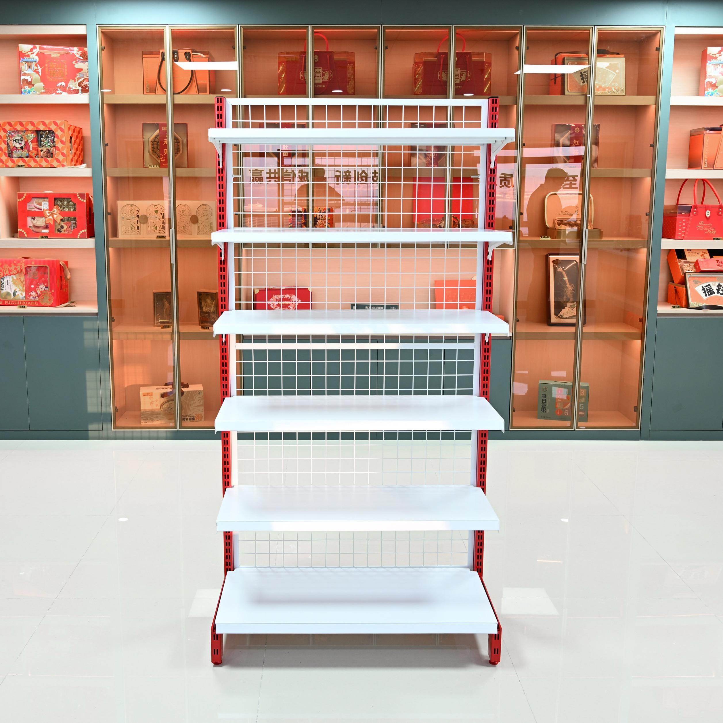 Factory White Supermarket Shelves Grocery Store Shelves Metal Mesh Panels Supermarket Shelves Hanging Baskets Combination