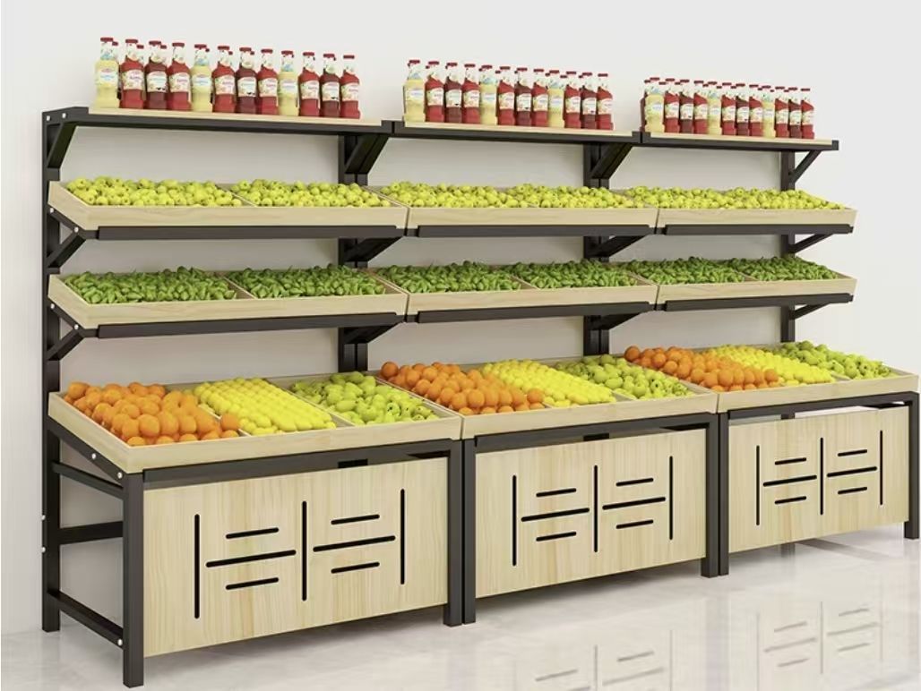 Vegetables Fruits Grains Millet Supermarket Shelves Heavy Duty Metallic Wood Construction Removable Assembleable Quick
