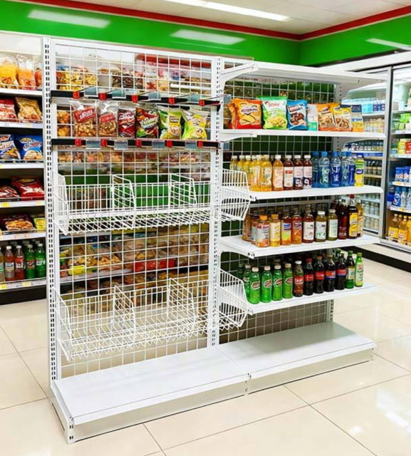 Factory White Supermarket Shelves Grocery Store Shelves Metal Mesh Panels Supermarket Shelves Hanging Baskets Combination
