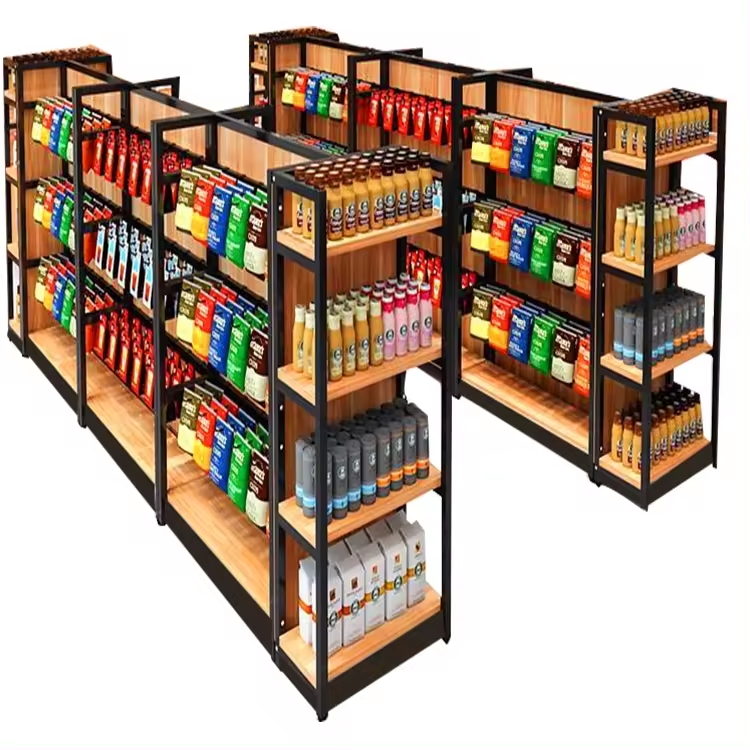 Supermarket Gondola Display Shelves Rear Safety Guardrails Adjustable Metal Shelving Units for Retail Store Merchandise