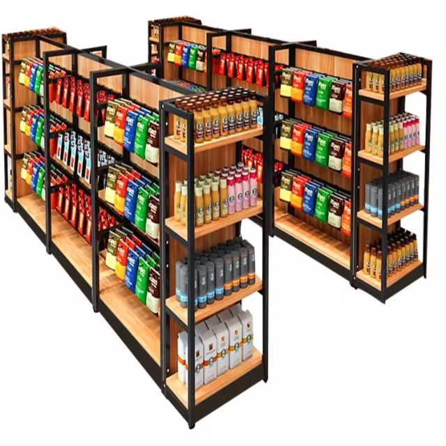 Supermarket Gondola Display Shelves Rear Safety Guardrails Adjustable Metal Shelving Units for Retail Store Merchandise