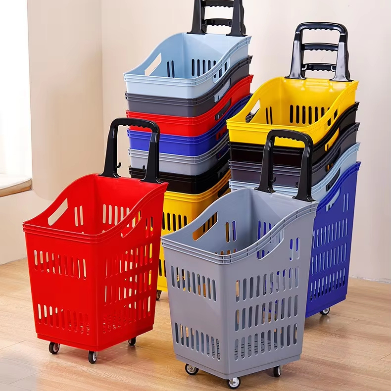 Supermarket Shopping Basket with Wheels 20L-50L Plastic Storage Baskets for Retail Stores