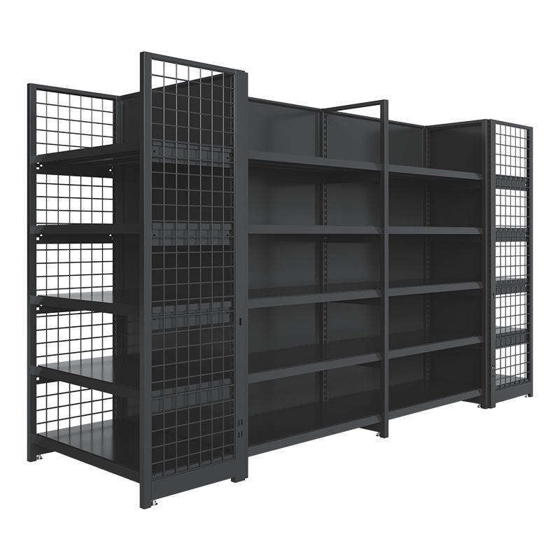 Supermarket Display Rack Single-Side Steel Shelves Grid Shelves Light Duty Metallic Powder Coated Finish Quick Installation