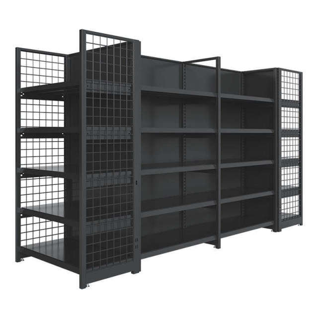 Supermarket Display Rack Single-Side Steel Shelves Grid Shelves Light Duty Metallic Powder Coated Finish Quick Installation