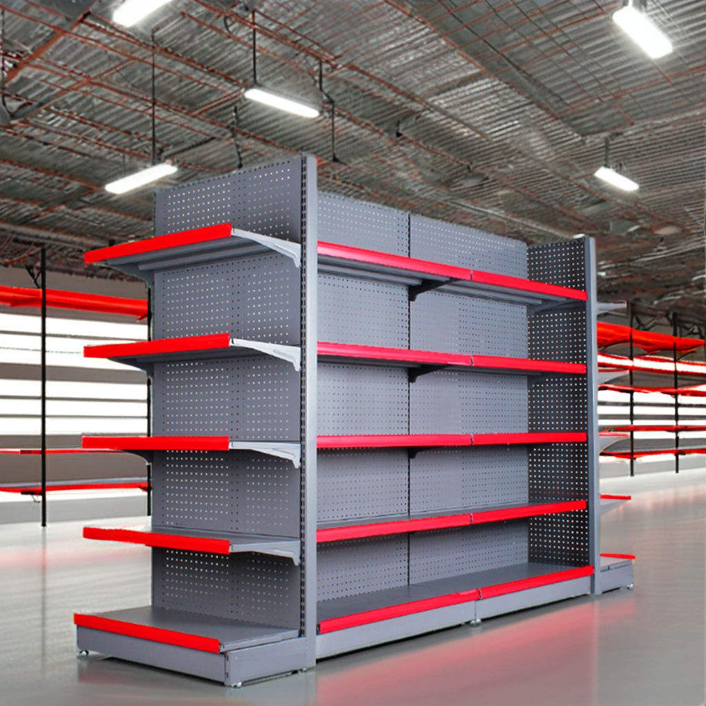 Supermarket Display Rack Single-Side Steel Shelves Grid Shelves Light Duty Metallic Powder Coated Finish Quick Installation
