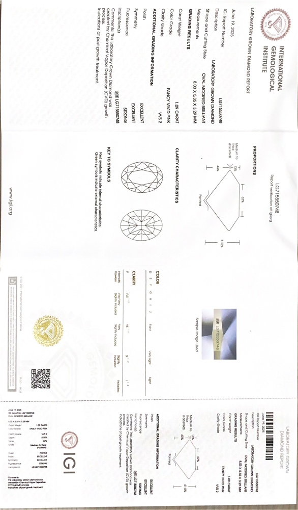 MACAW-P-05 715550748 蛋形 OV 1.09 Fancy Vivid PinkVVS2 EX EX*8.03*5.35*3.29 CVD
