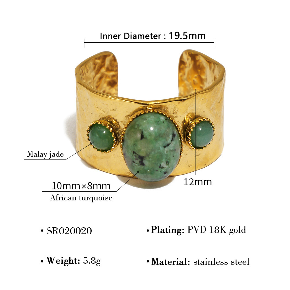 New Fashion Vintage Style Waterproof 18K PVD Gold Plated Retro Stainless Steel Natural Turquoise Open Wide Band Rings for Women