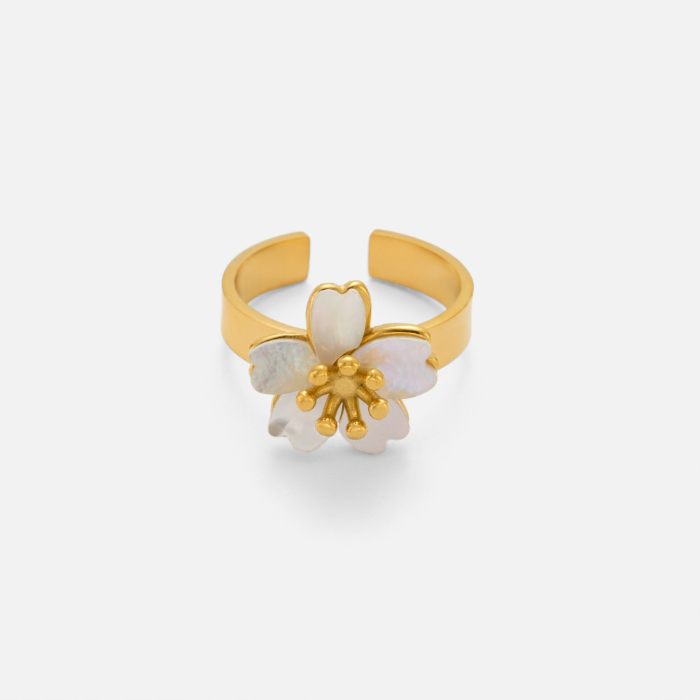 New Shell Flower Ring 18K PVD Gold Plated Stainless Steel High End Vintage Blossom Adjustable Open Ring for Women Finger Jewelry
