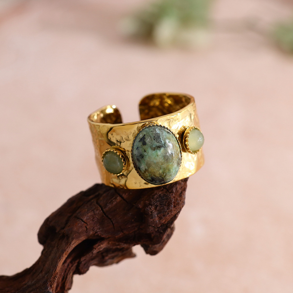 New Fashion Vintage Style Waterproof 18K PVD Gold Plated Retro Stainless Steel Natural Turquoise Open Wide Band Rings for Women