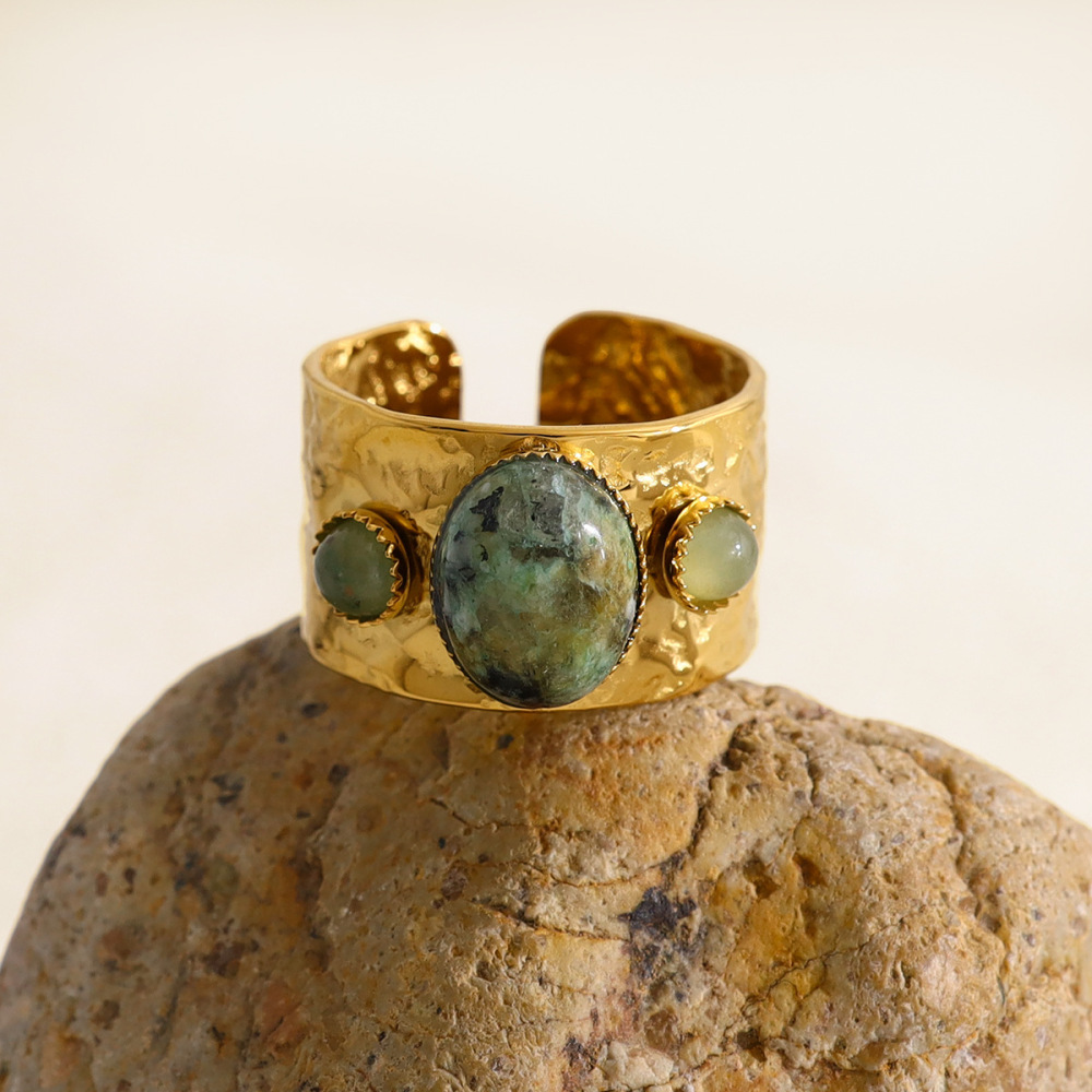 New Fashion Vintage Style Waterproof 18K PVD Gold Plated Retro Stainless Steel Natural Turquoise Open Wide Band Rings for Women