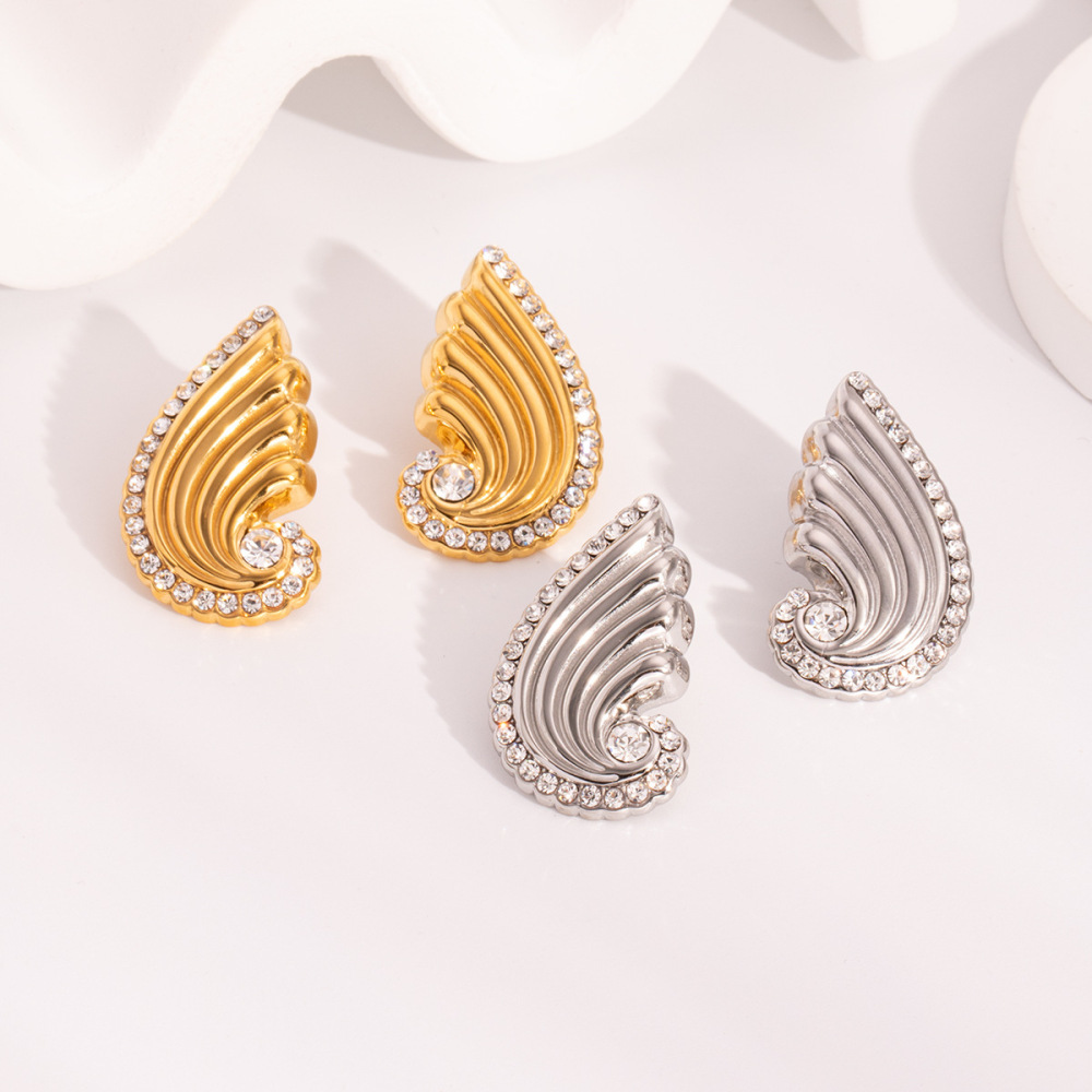 New Trendy Jewelry Waterproof Stainless Steel PVD Gold Plated Cubic Zircon Angle Wing Stud Earrings for Women