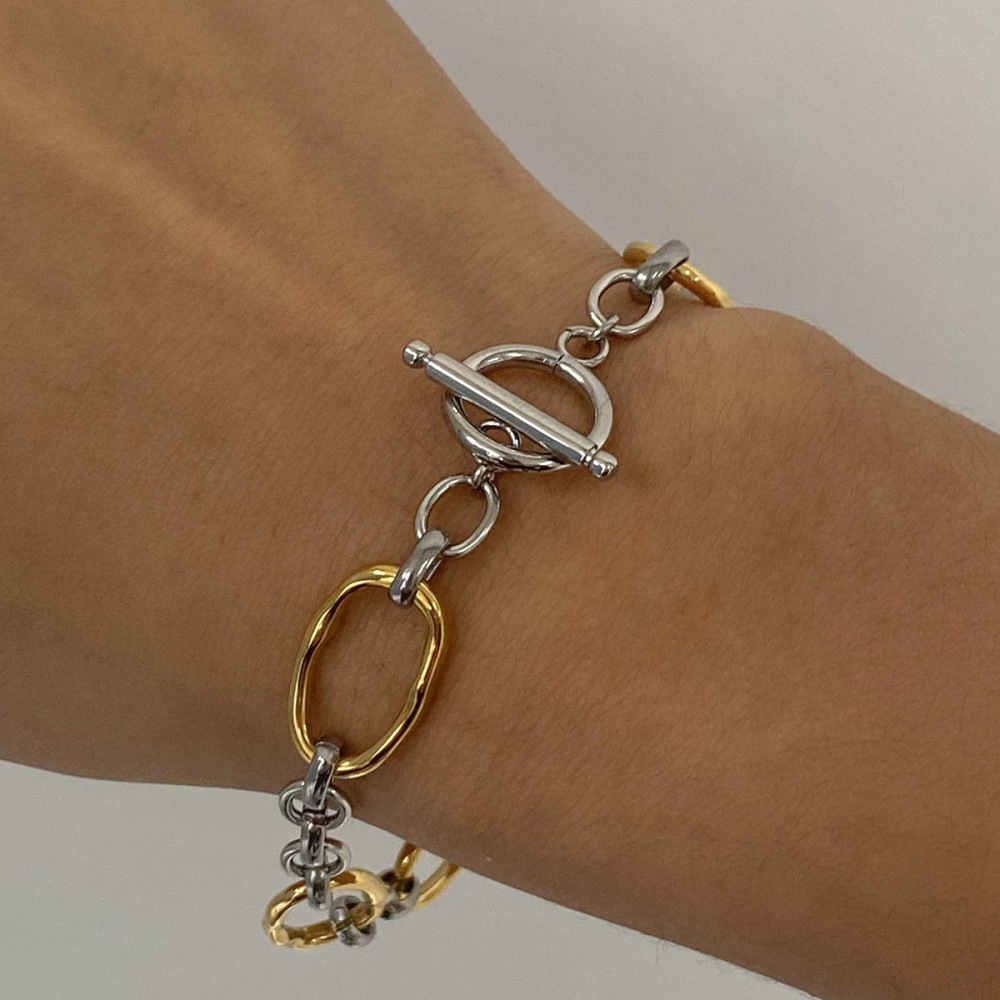 New Fashion 18K Gold Plated Stainless Steel Non-Fading Jewelry Gold & Silver Mix Two Tones Link Chain OT Clasp Women's Bracelet