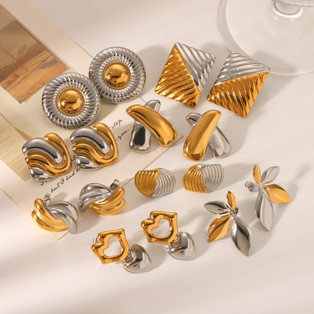 Hot Tarnish Free & Waterproof 18K PVD Gold Plated Stainless Steel Gold Silver Mix Two Tones Geometric Stud Earrings for Women