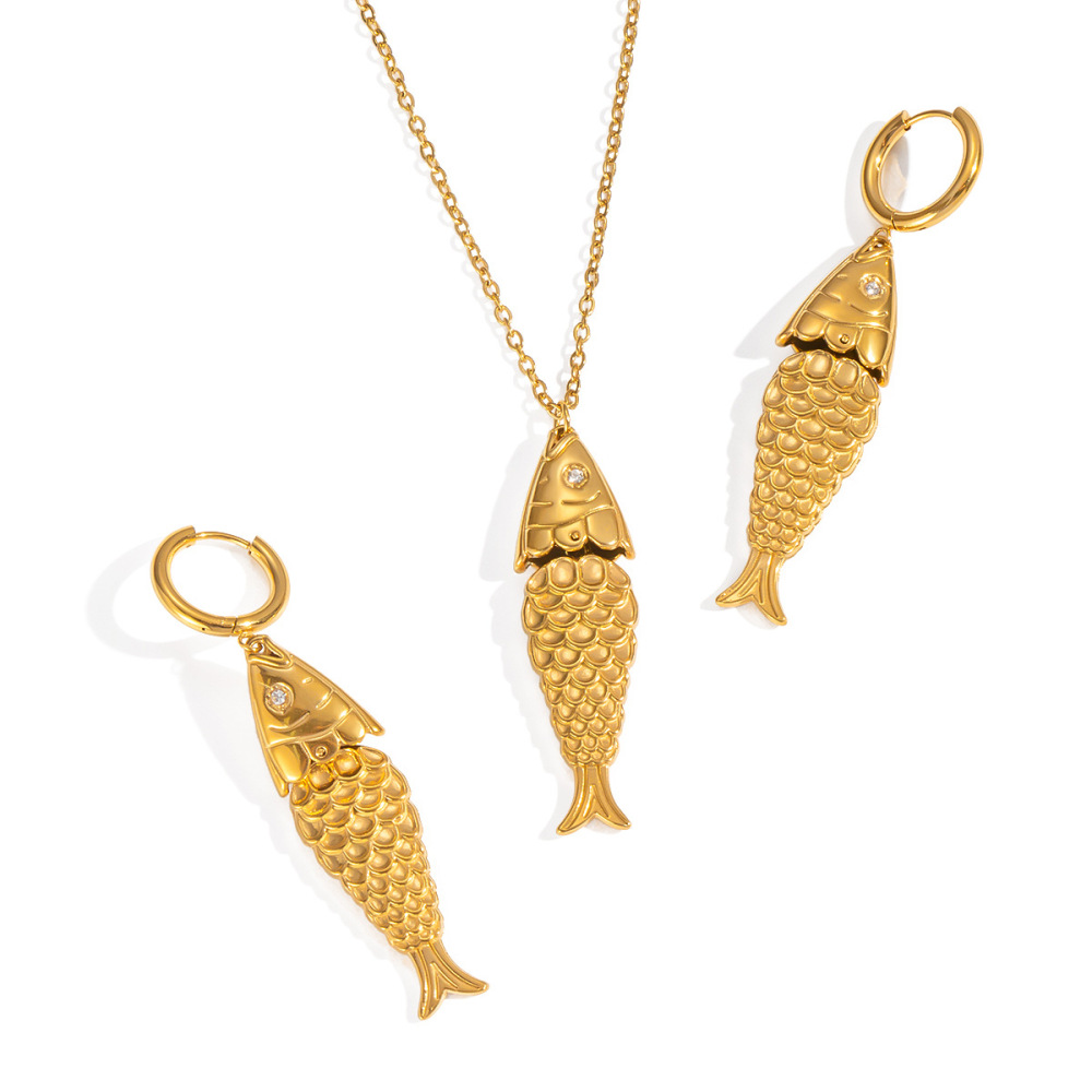 Hot Selling Tarnish Free 18K Gold Plated Fish Pendant Necklace and Drop Earrings for Women Waterproof Stainless Steel Jewelry