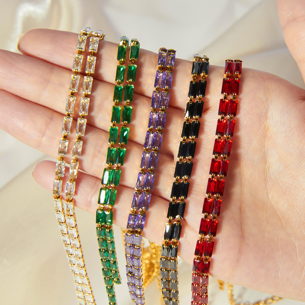 New Arrival Waterproof Tennis Chain Baguette CZ Chain Necklace Elegant Colorful Zircon Long Party Necklace for Women