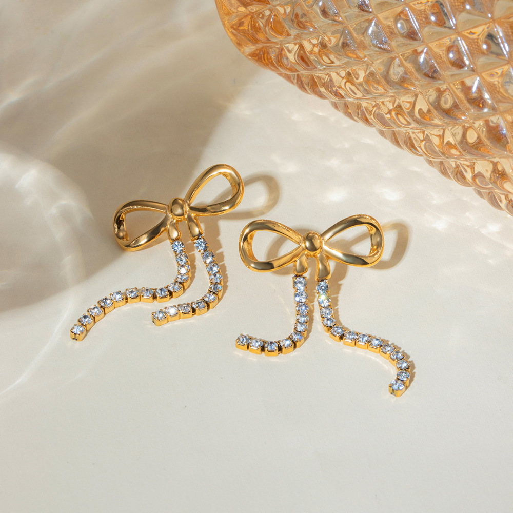 Fashion Stainless Steel 18K Gold Plated Earrings for Women Sweet CZ Bow Knot Earrings for Party
