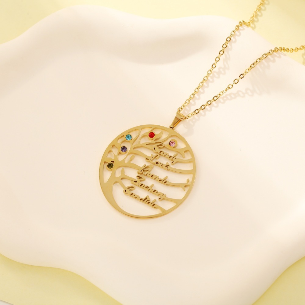 【私人定制】生命树不锈钢名字项链生辰石英文字母项链 跨境专供