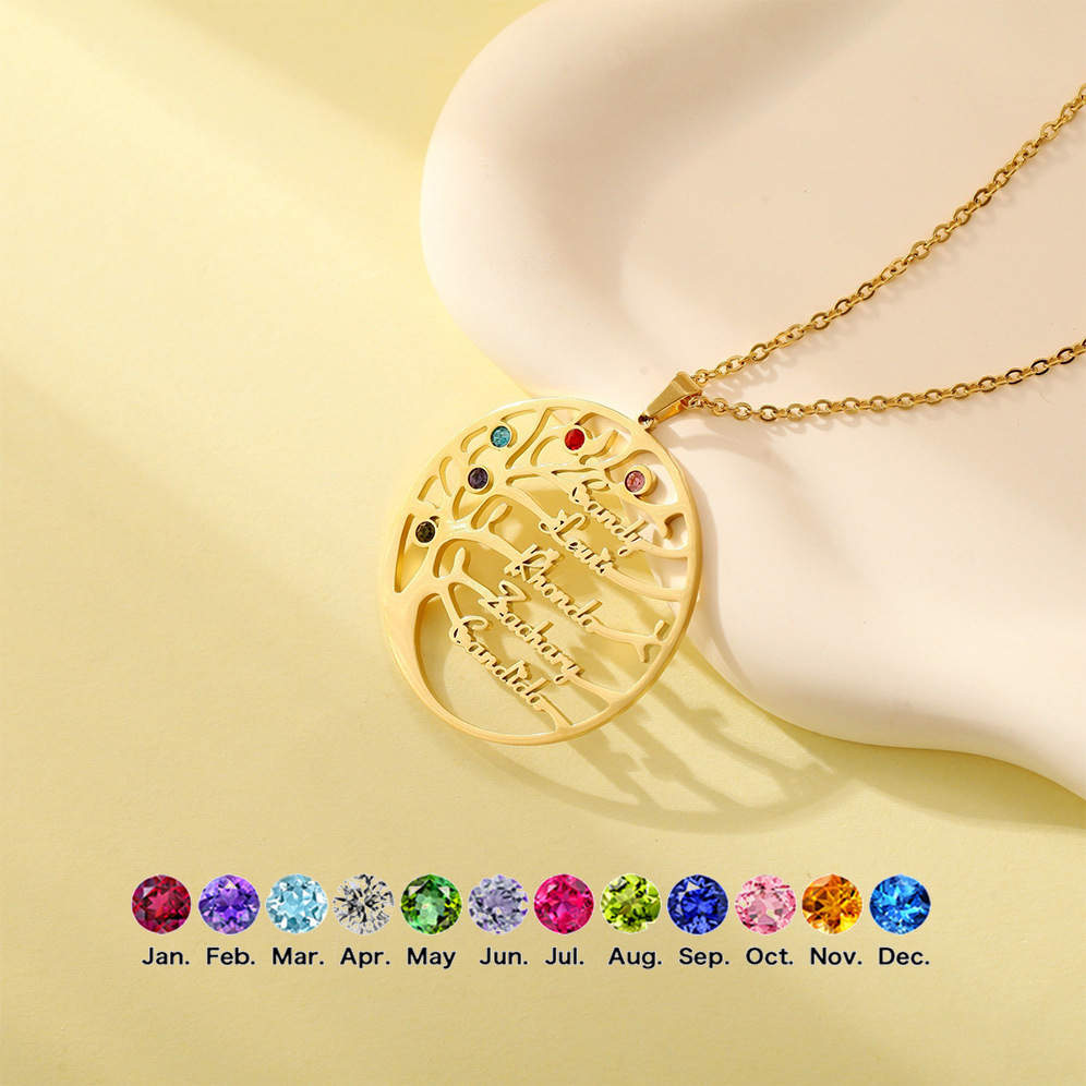 【私人定制】生命树不锈钢名字项链生辰石英文字母项链 跨境专供