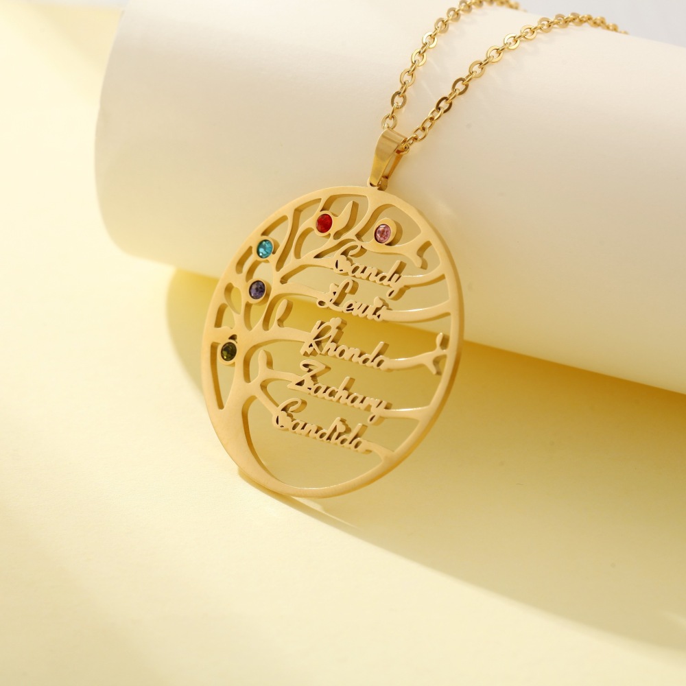 【私人定制】生命树不锈钢名字项链生辰石英文字母项链 跨境专供