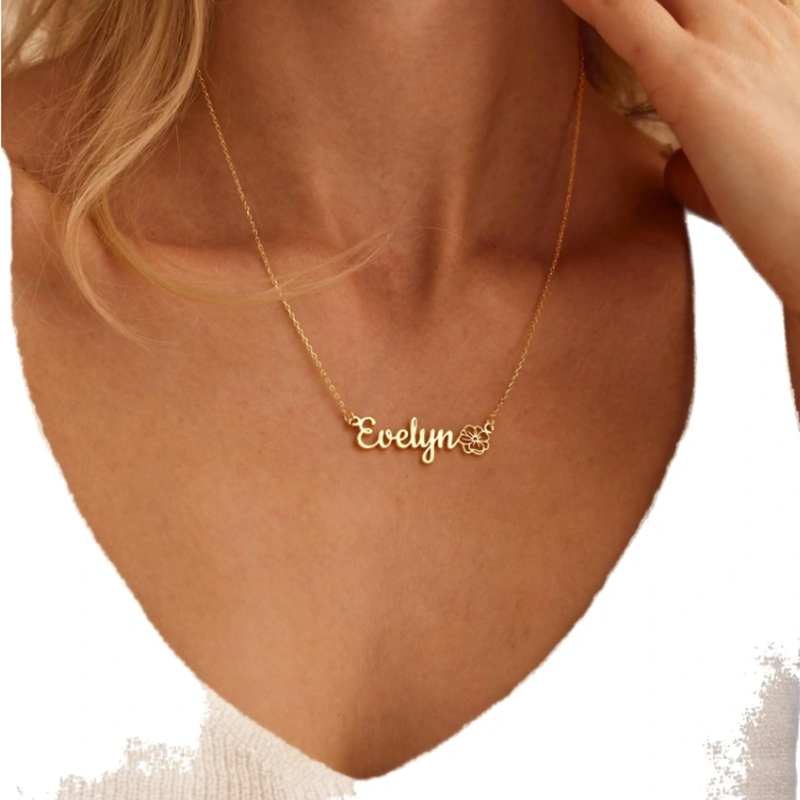 18K Gold Name Necklace with Birth Flower
