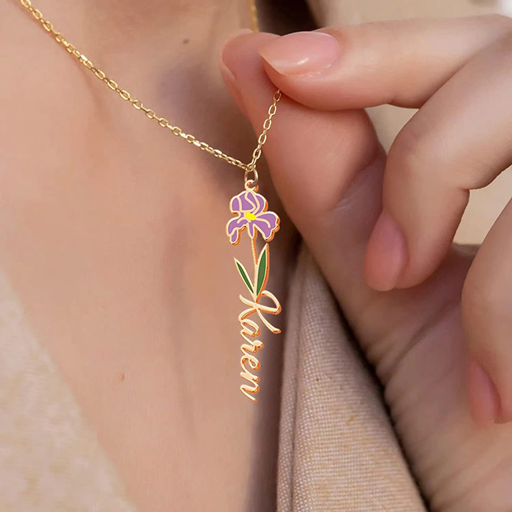 Personalized December Birthday Flower Pendant Name Necklace