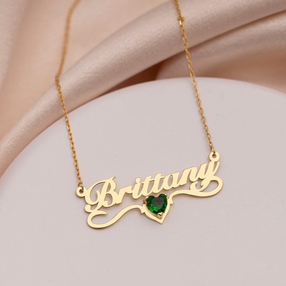 Name Necklace Personalized with Heart Birthstone