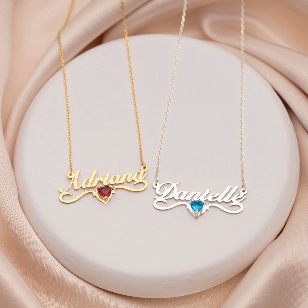 Name Necklace Personalized with Heart Birthstone