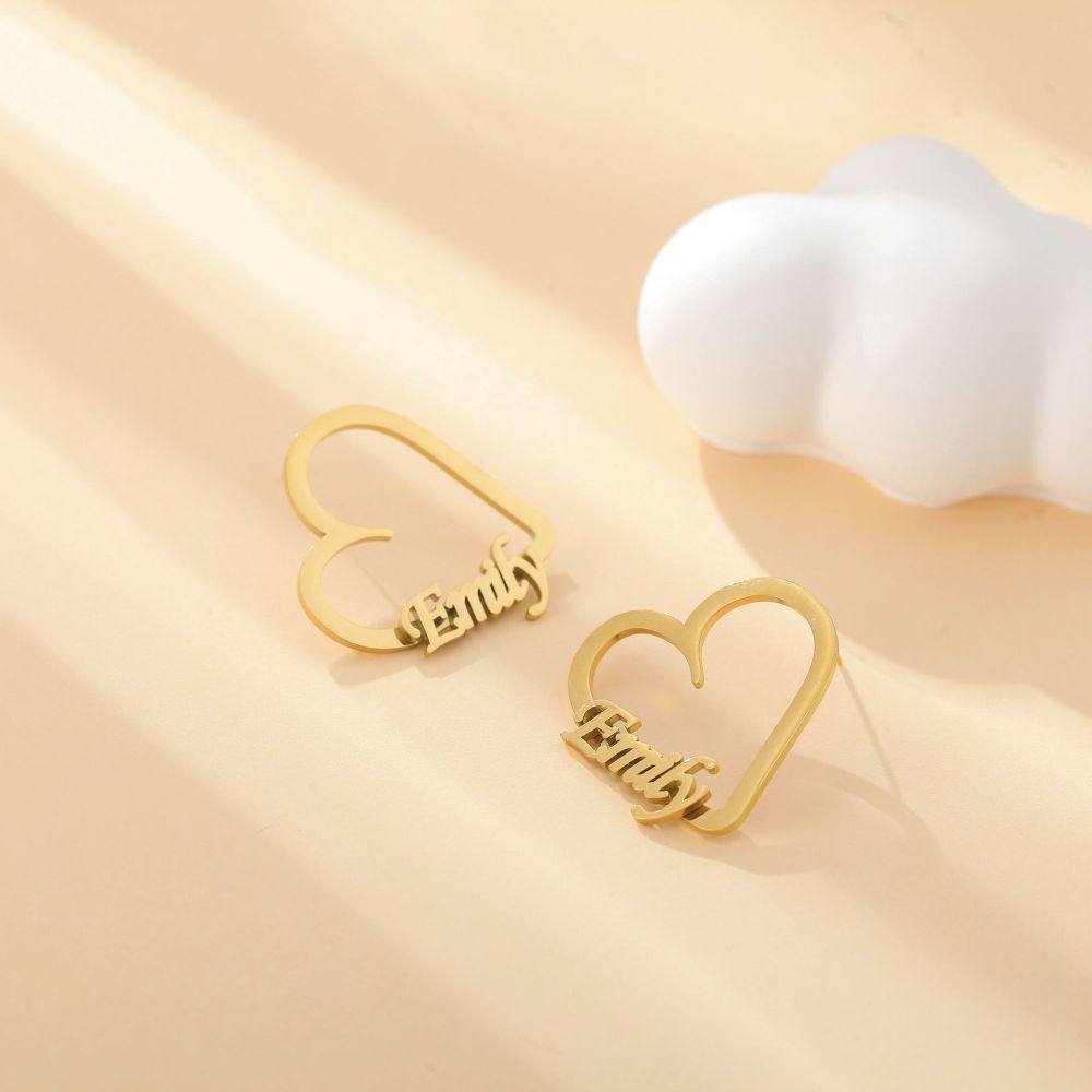 私人定制 不锈钢英文字母心形耳环 个性化定制18k金色名字耳钉