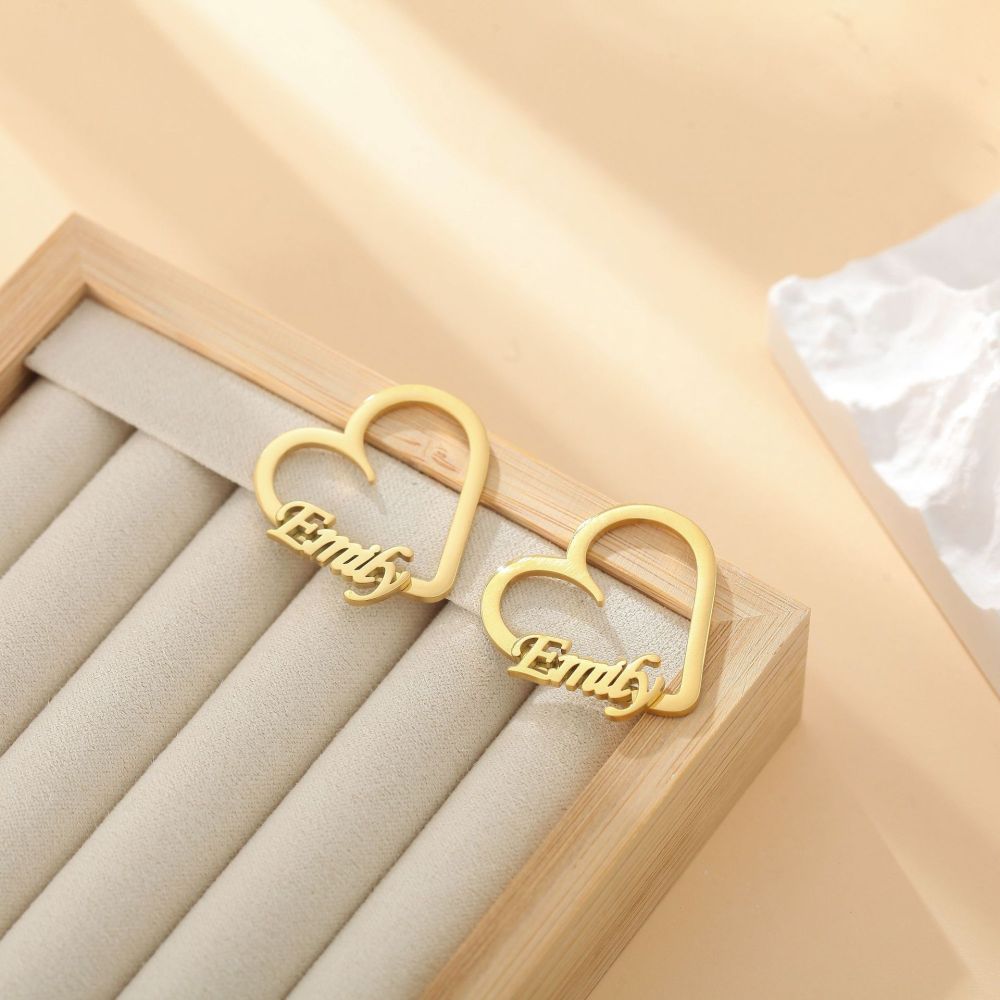 私人定制 不锈钢英文字母心形耳环 个性化定制18k金色名字耳钉