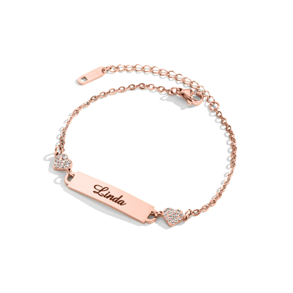 【私人定制】 不锈钢满钻双爱心打标手链个性化DIY情侣好朋友手饰