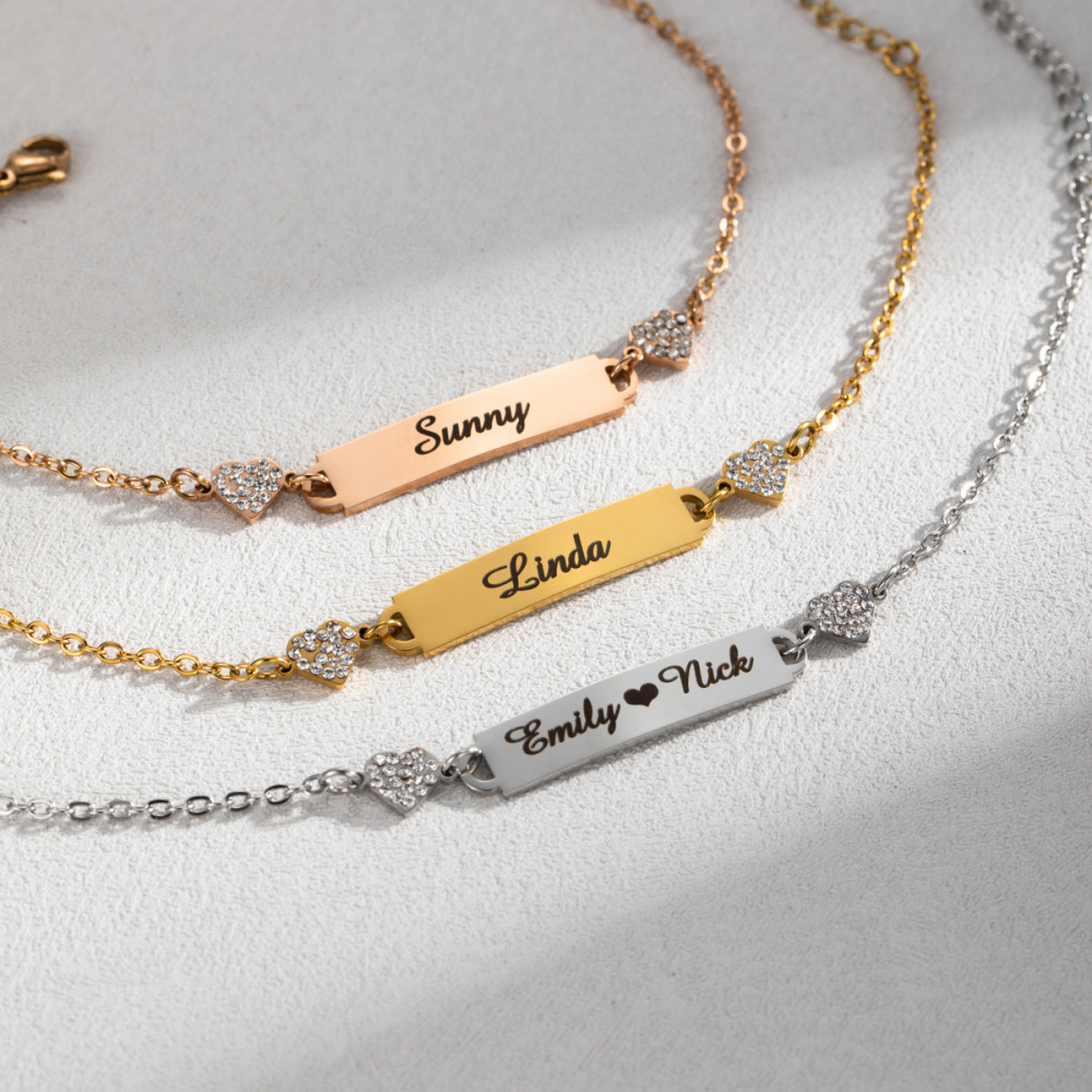 【私人定制】 不锈钢满钻双爱心打标手链个性化DIY情侣好朋友手饰