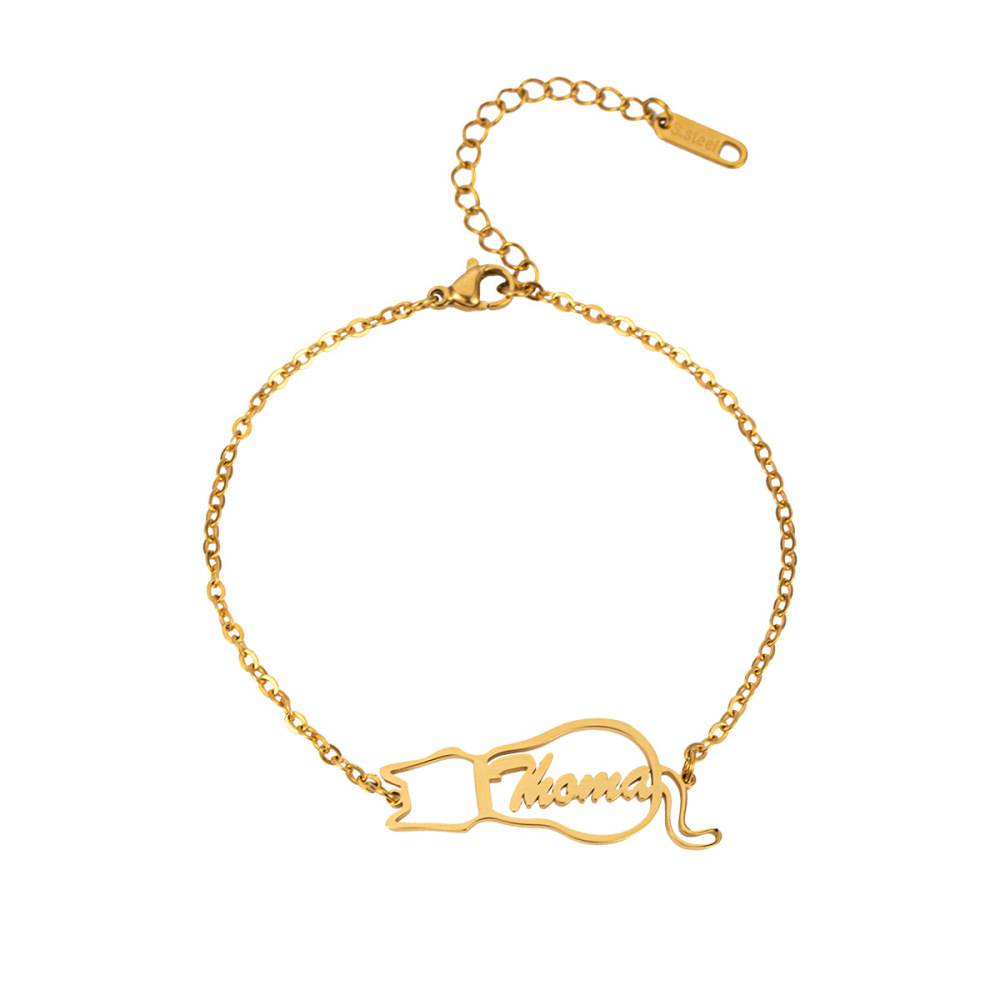 一件定制 不锈钢小猫定制英文字母手链 个性化创意镂空小猫手饰