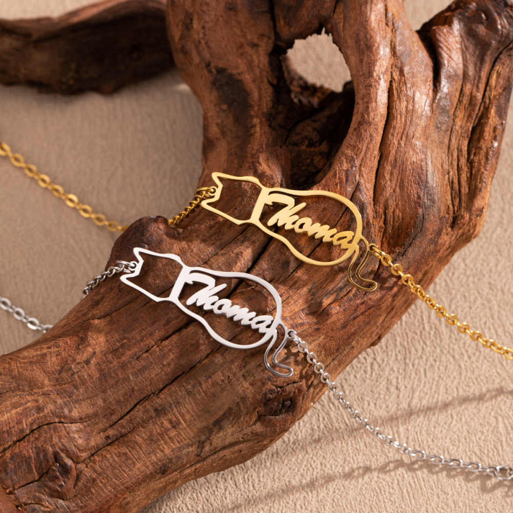 一件定制 不锈钢小猫定制英文字母手链 个性化创意镂空小猫手饰