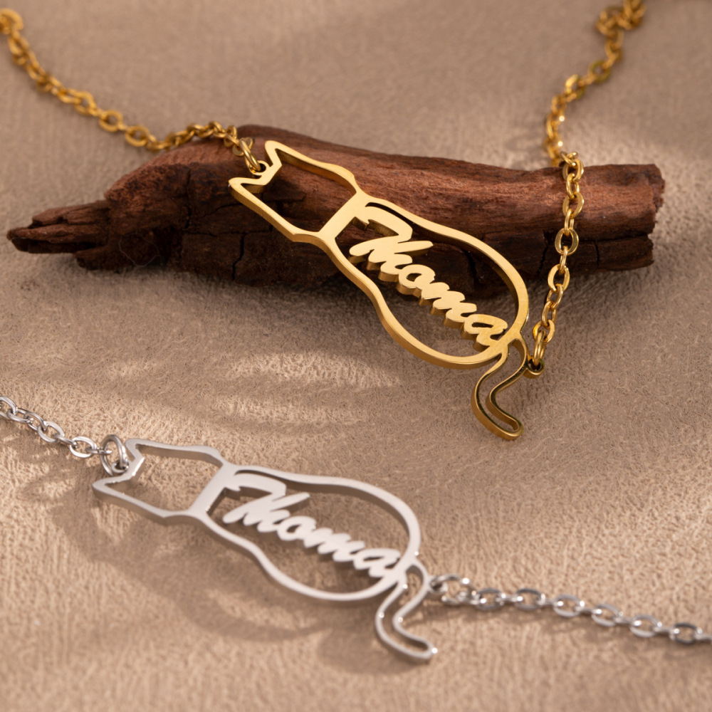 一件定制 不锈钢小猫定制英文字母手链 个性化创意镂空小猫手饰