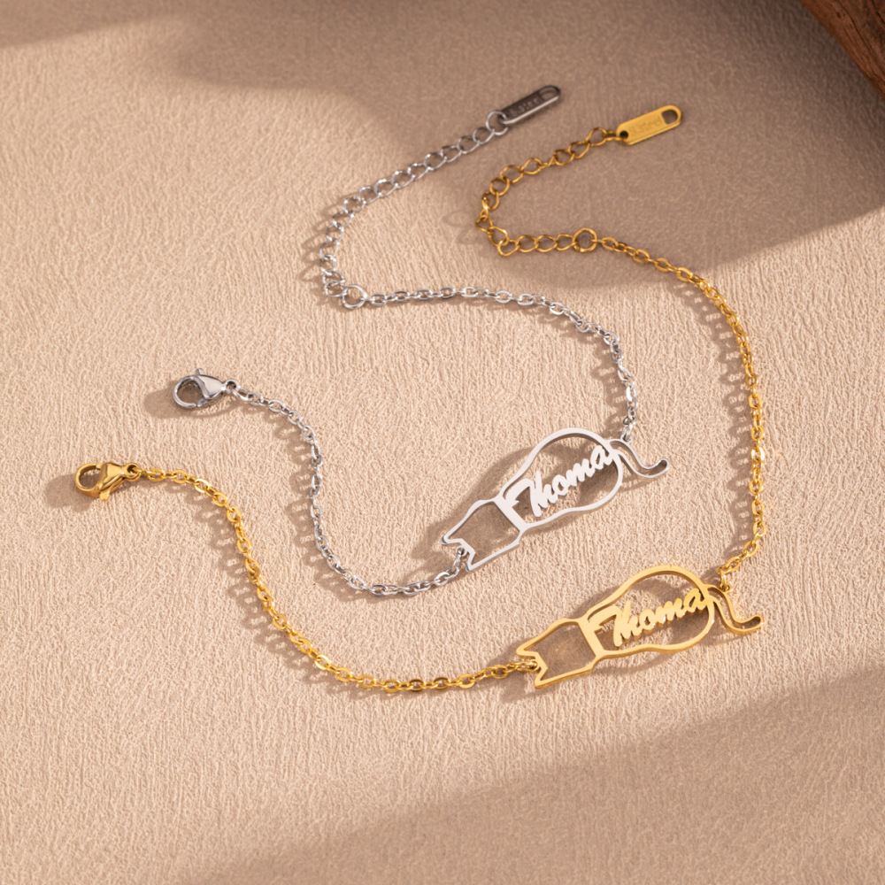 一件定制 不锈钢小猫定制英文字母手链 个性化创意镂空小猫手饰