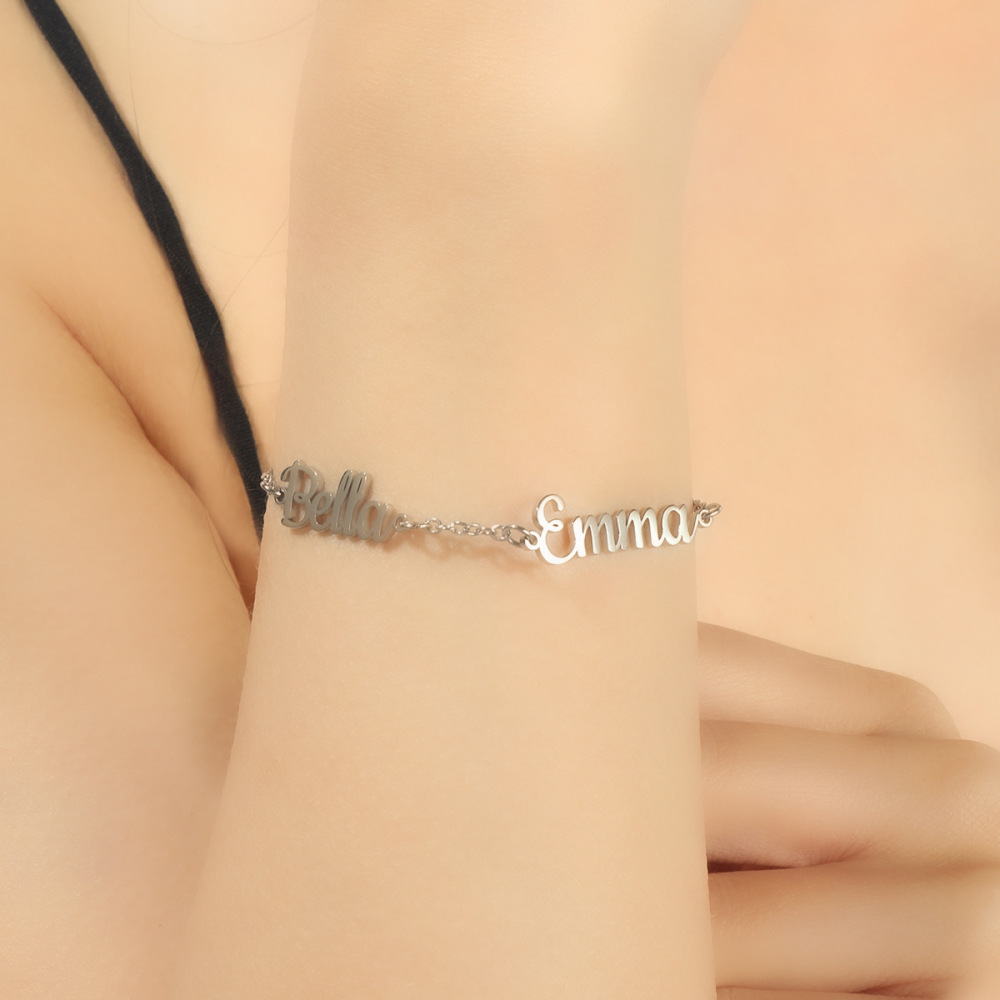 一件定制 18k金色不锈钢双名字手链 个性化定制英文字母手饰