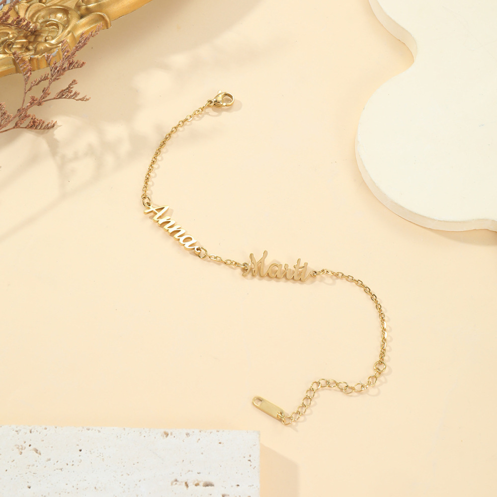 一件定制 18k金色不锈钢双名字手链 个性化定制英文字母手饰