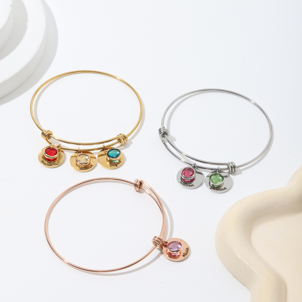 一件定制 十二生辰石圆片可伸缩手镯diy名字刻字不锈钢手环手圈