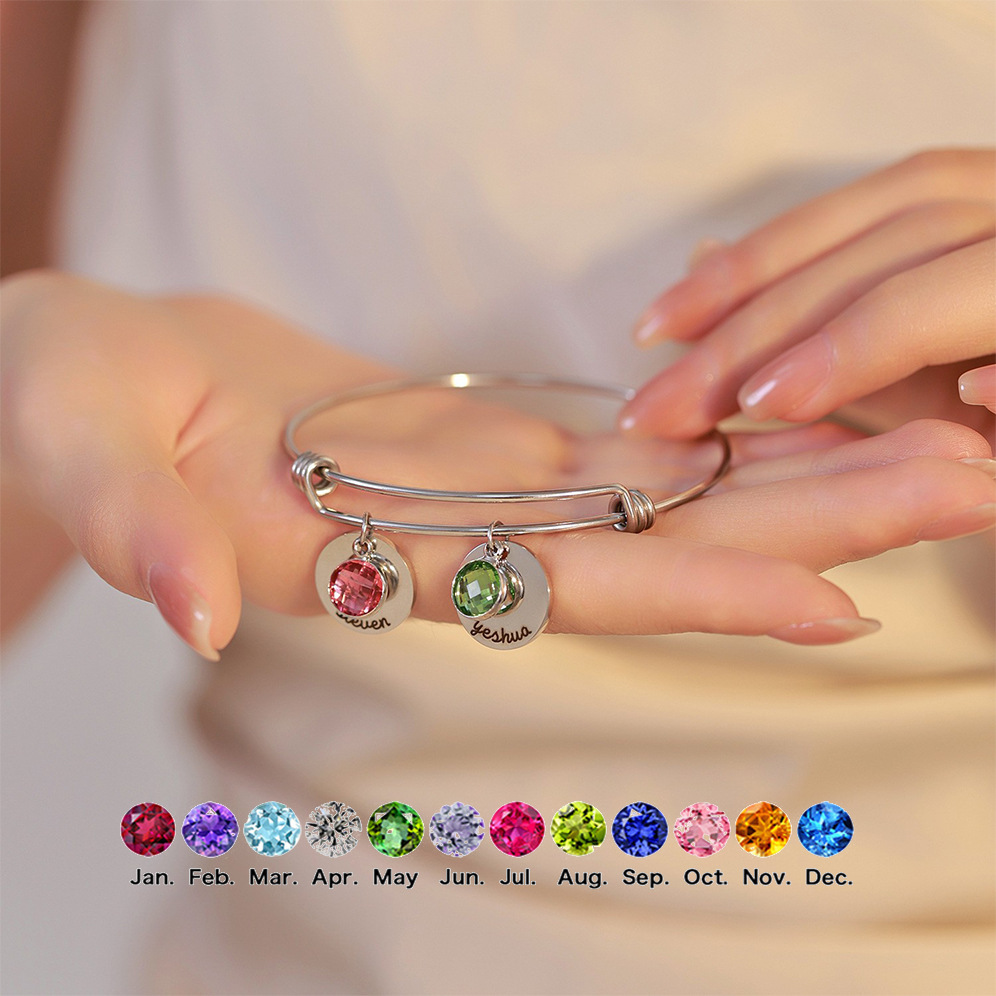一件定制 十二生辰石圆片可伸缩手镯diy名字刻字不锈钢手环手圈