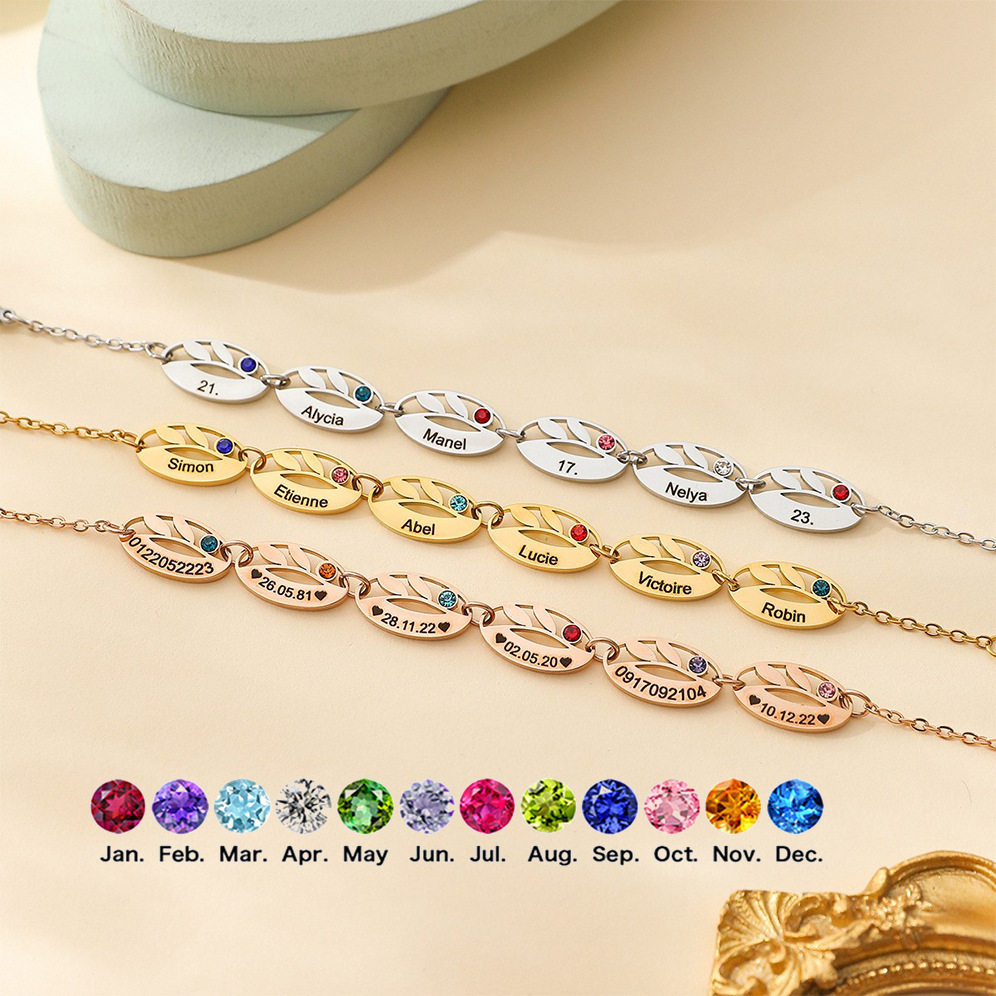 一件定制 亚马逊热销不锈钢椭圆镂空树叶生辰石手链 DIY激光刻字