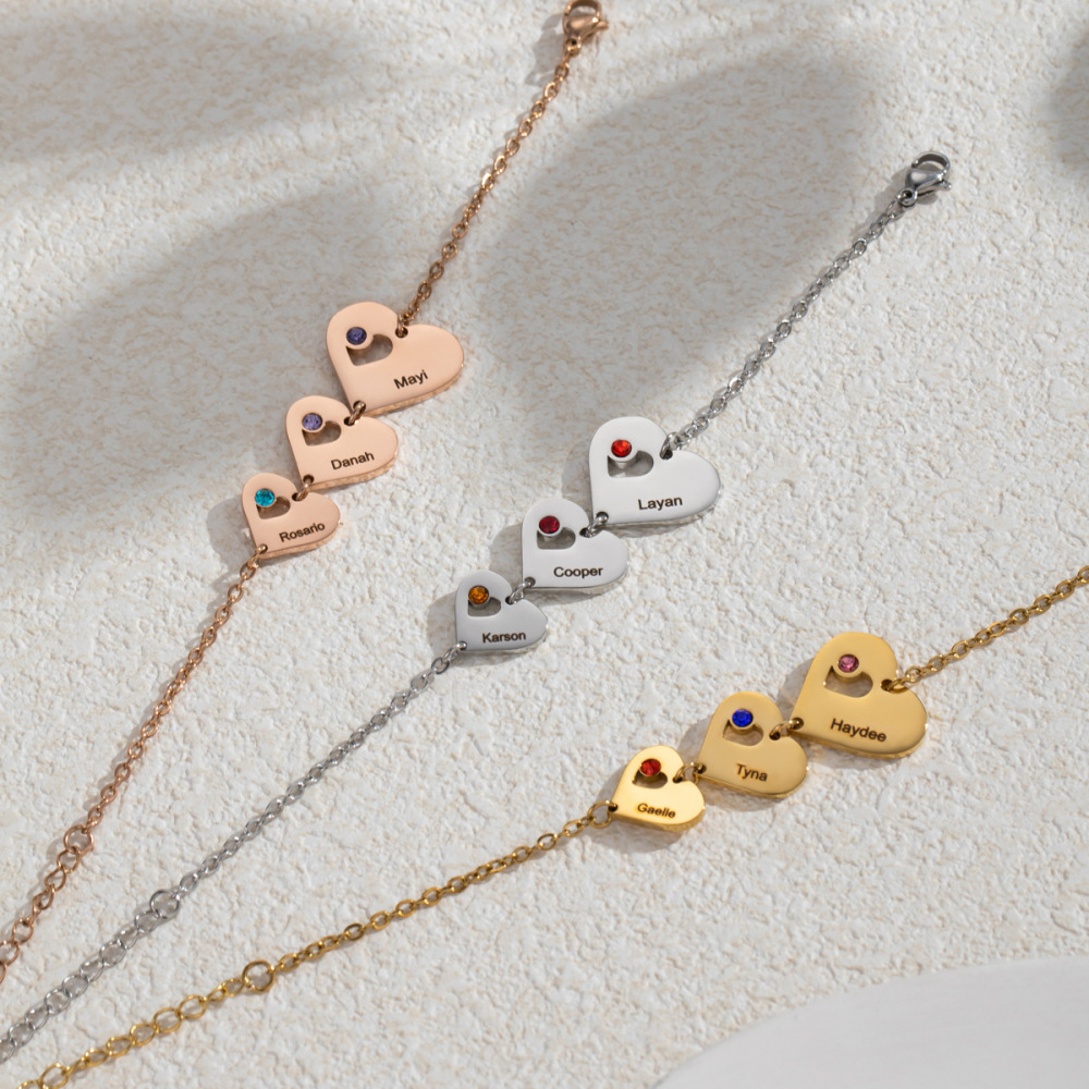 一件定制不锈钢跨境 浪漫DIY定制心形姓名 爱心彩色宝石点缀 手链