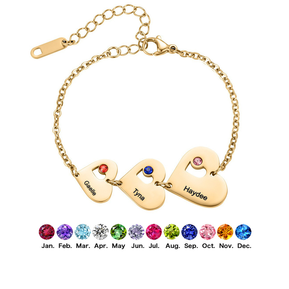 一件定制不锈钢跨境 浪漫DIY定制心形姓名 爱心彩色宝石点缀 手链