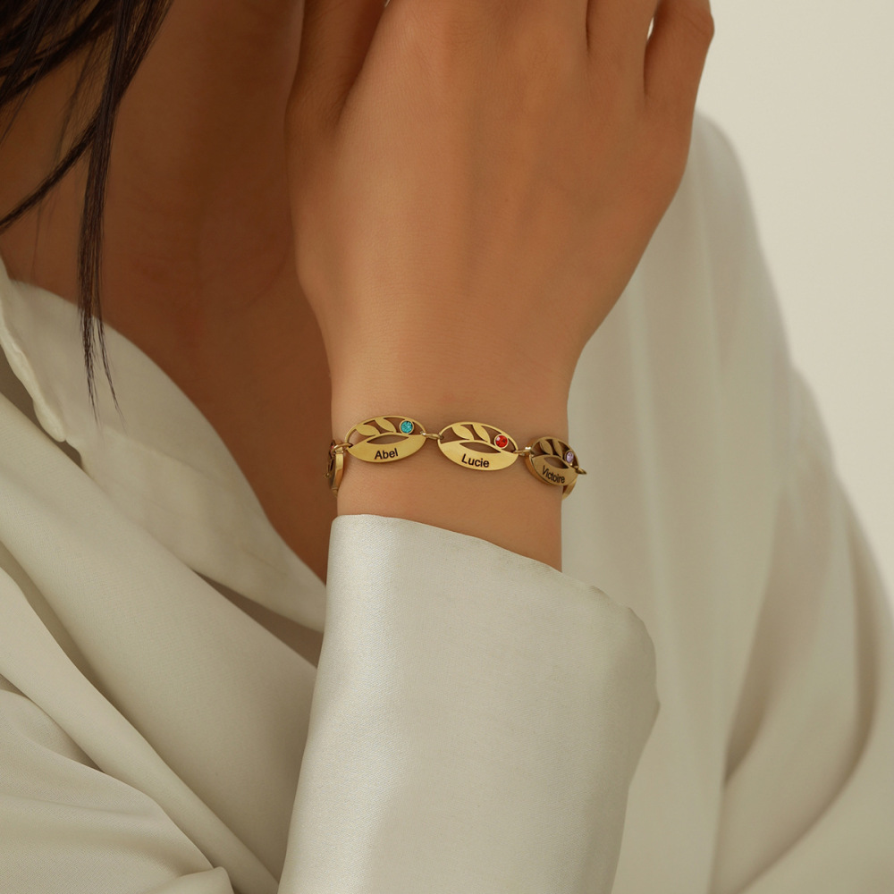 一件定制 亚马逊热销不锈钢椭圆镂空树叶生辰石手链 DIY激光刻字