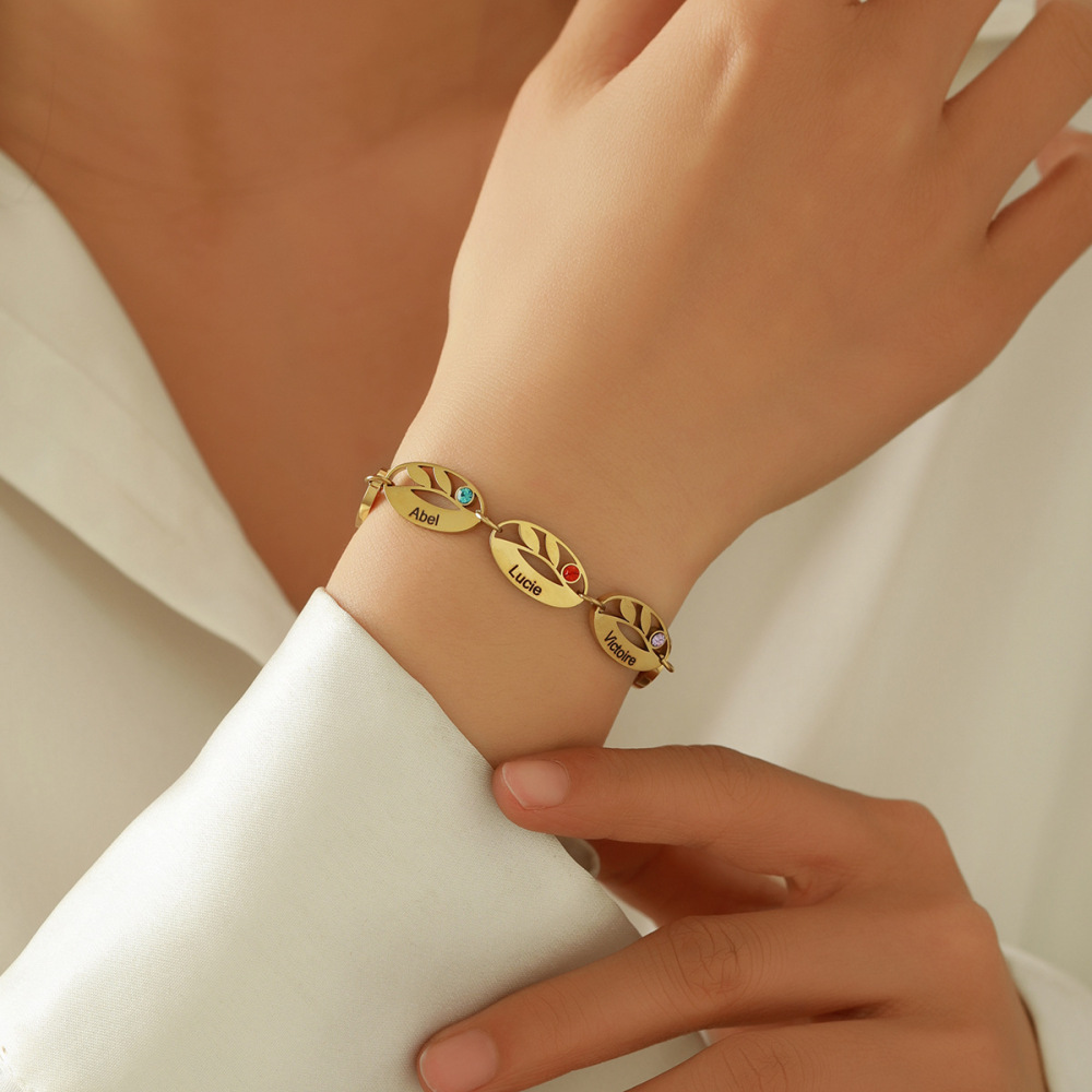 一件定制 亚马逊热销不锈钢椭圆镂空树叶生辰石手链 DIY激光刻字